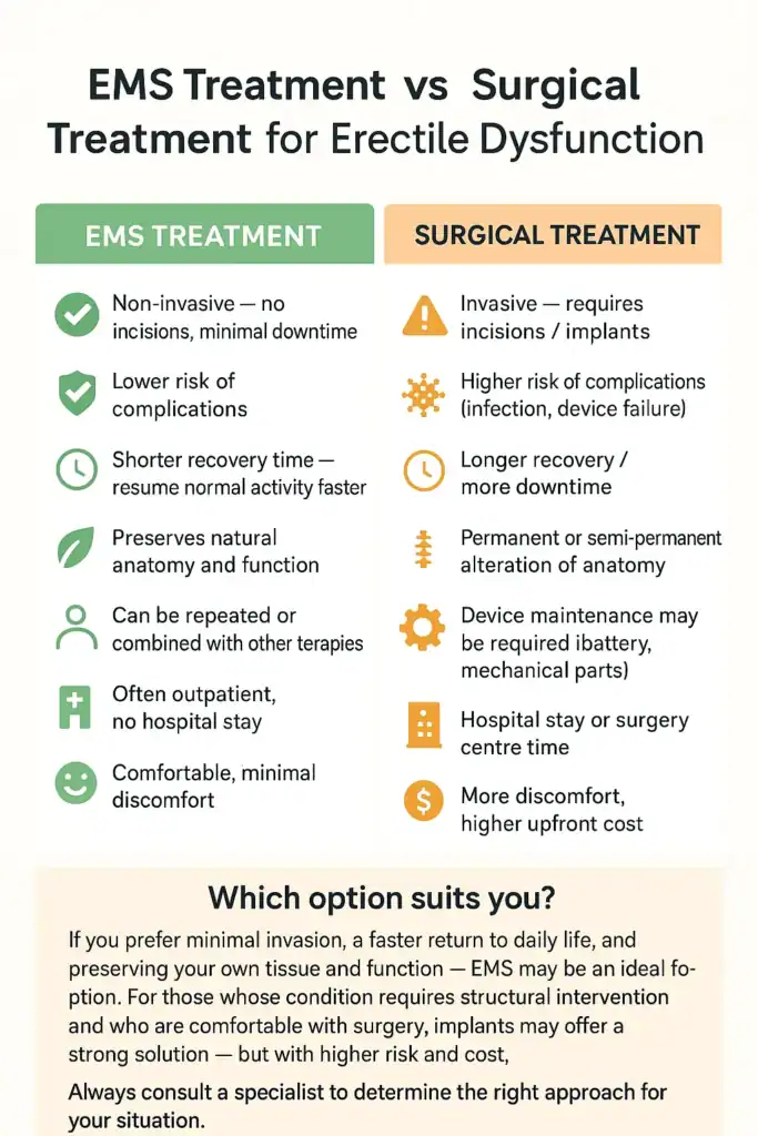 A table showing the benefits of EMS chair for erectile dysfunction treatment Canterbury compared to surgery.