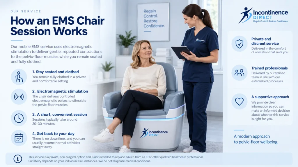 how ems chair session works at incontinence direct Canterbury a detailed infographics for the incontinence process