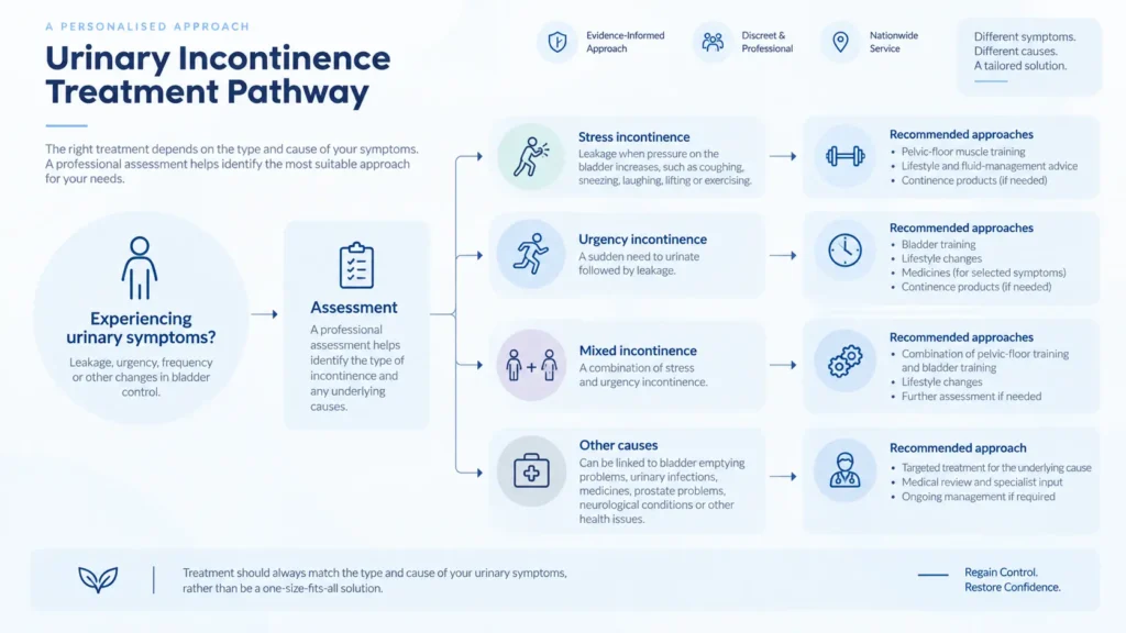urinary incontinence treatment options infographics from the incontinence direct Canterbury