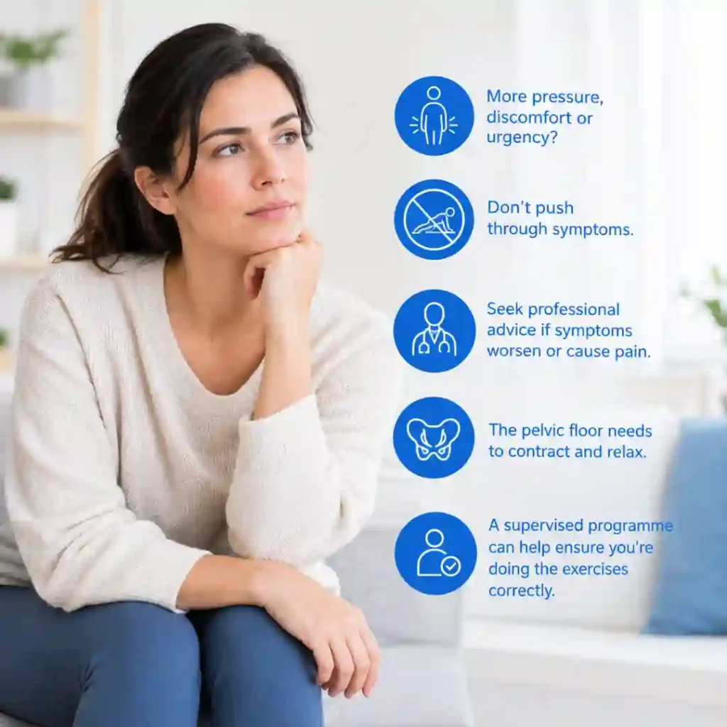 Pelvic-floor exercises Canterbury involve controlled contraction and relaxation. Persistent pressure, discomfort or urinary urgency may warrant professional assessment.